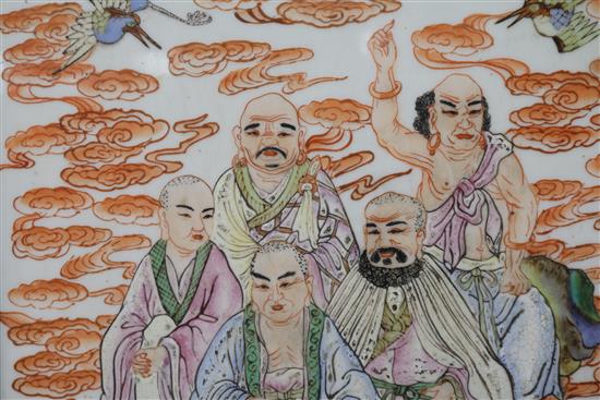 A Chinese famille rose plaque, five luohan